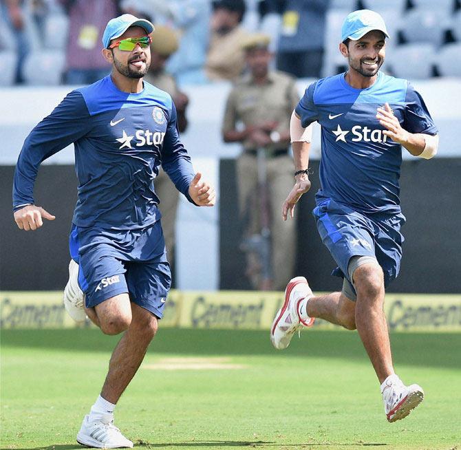 Indian captain Virat Kohli and Ajinkiya Rahane during a practice session