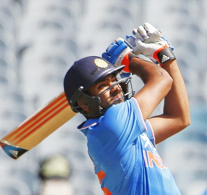 India's Rohit Sharma hits a six