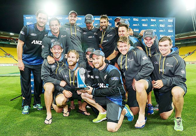 New Zealand players celebrate after winning the ANZ One Day International Series against Sri Lanka at Westpac Stadium in Wellington last on January