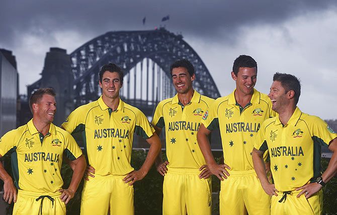 (Left to Right) David Warner, Pat Cummins, Mitchell Starc, Josh Hazlewood, Michael Clarke of Australia pose during the Australian 2015 Cricket World Cup squad announcement