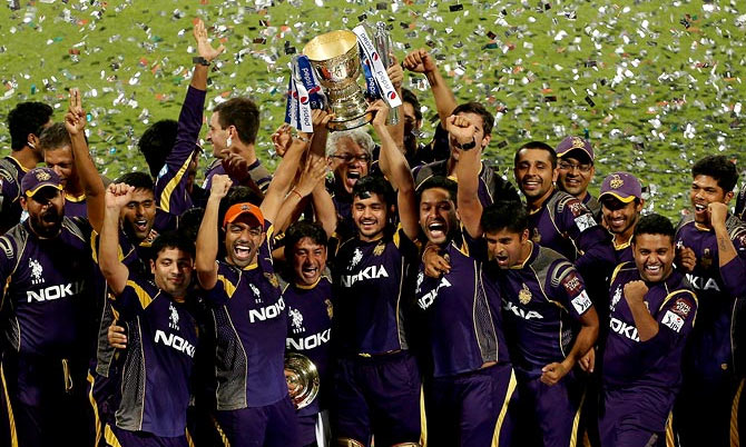 The Kolkata Knight Riders team celebrates after winning the seventh edition of the IPL