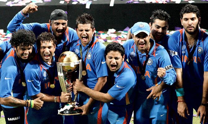 India players celebrate after defeating Sri Lanka to win the 2011 ICC World Cup