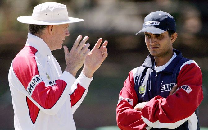 A file photo of Indian coach Greg Chappell (left) speaking with captain Saurav Ganguly during a practice session
