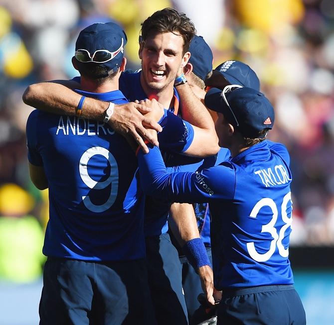 Steven Finn of England celebrates after taking a hat-trick