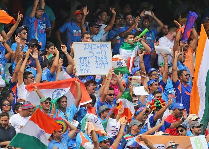 Indian fans in the stands at the Adelaide Oval enjoy the action during the World Cup match between India and Pakistan