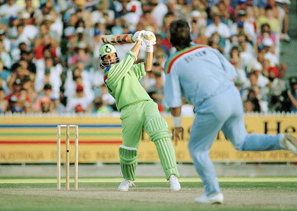 Imran Khan wallops Ian Botham for a six during the 1992 World Cup