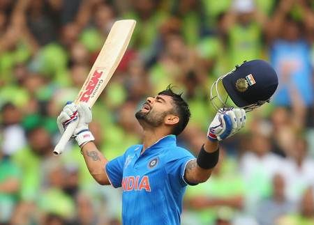 Virat Kohli celebrates after scoring a hundred in the World Cup match against Pakistan at the Adelaide Oval on Sunday.