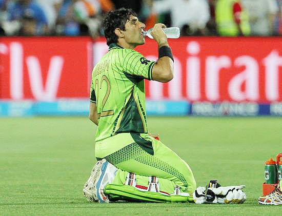 Pakistan captain Misbah Ul Haq drinks water in the drinks break during the World Cup match against India on Sunday