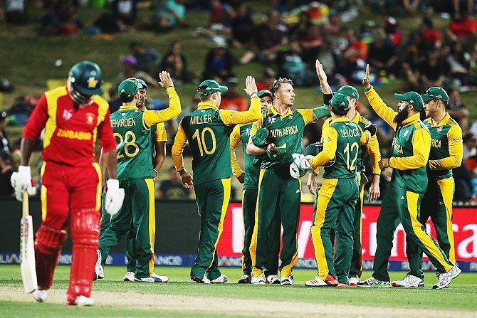 Dale Steyn of South Africa celebrates the wicket of Craig Ervine of Zimbabwe
