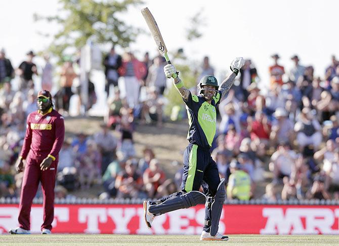 Ireland's John Mooney celebrates hitting the winning runs as they beat the West Indies