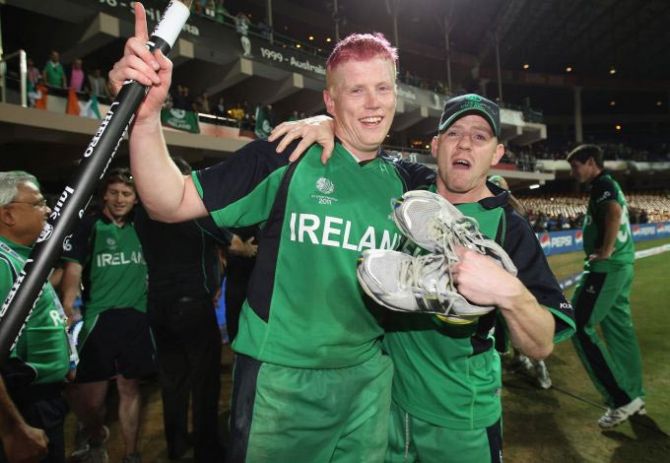 Kevin O'Brien of Ireland celebrates with Niall O'Brien of Ireland after defeating England during their 2011 World Cup match in Bangalore