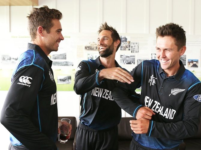 From left, Tim Southee, Grant Elliott and Trent Boult share a laugh