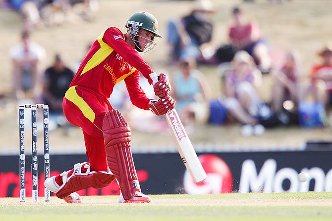 Sean Williams of Zimbabwe bats enroute their victory over the United Arab Emirates during their 2015 ICC Cricket World Cup match at Saxton Field in Nelson, New Zealand, on Thursday