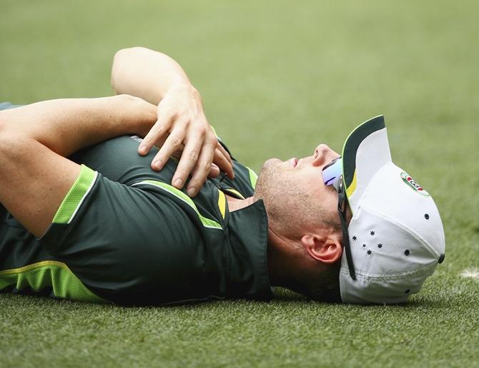 Michael Clarke of Australia stretches during an Australian nets session 