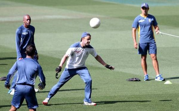 South African players play football during a practice session in Melbourne