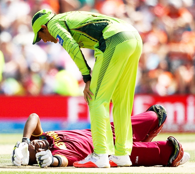 Darren Bravo of West Indies lays on the ground 