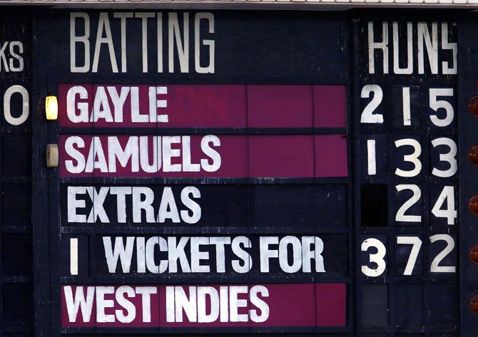 The scoreboard reflects the record-setting partnership of West Indies batsmen Chris Gayle and Marlon Samuels against Zimbabwe during their World Cup Cricket match in Canberra on February 24