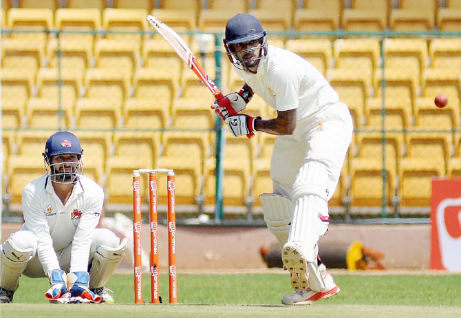 Karnataka's Abihimanyu Mithun during their Ranji Trophy semi-final against Mumbai at the KSCA in Bengaluru