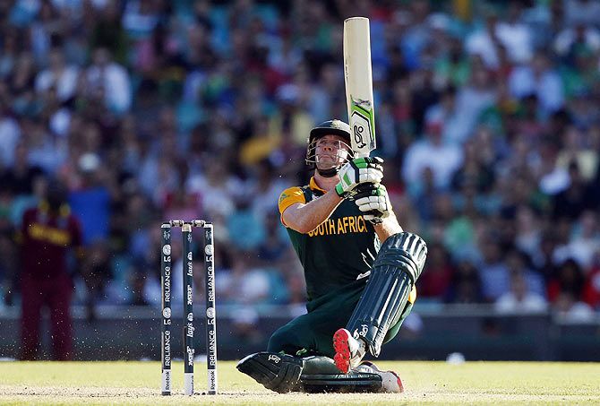 South Africa's AB de Villiers hits a boundary during the Cricket World Cup Pool B match against the West Indies at the Sydney Cricket Ground (SCG) on Friday