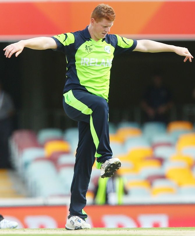 Niall O'Brien of Ireland celebrates after dismissing Swapnil Patil of the United Arab   Emirates during the 2015 ICC Cricket World Cup match