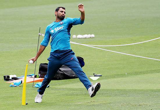 India's Mohammed Shami bowls at a nets session