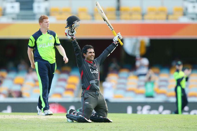 Shaiman Anwar of the United Arab Emirates celebrates his century against Ireland