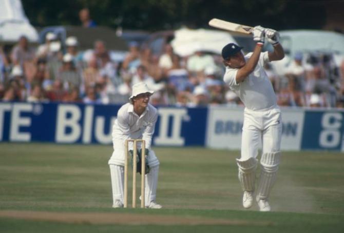 New Zealand's Martin Crowe hits out during a match between Somerset and New Zealand