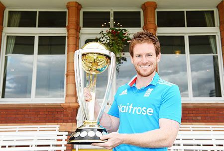 England captain Eoin Morgan poses with the ICC Cricket World Cup at Lords Cricket Ground