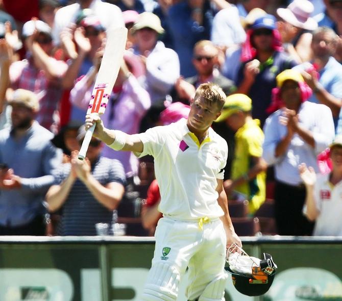 David Warner of Australia acknowledges the crowd