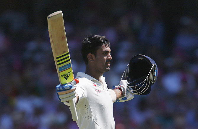 India's Lokesh Rahul celebrates after completing his century