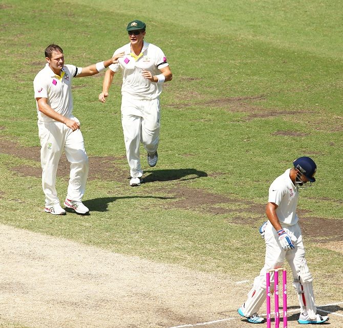 Ryan Harris of Australia celebrates taking the wicket of Virat Kohli of India