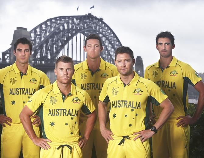  From left, Pat Cummins, David Warner, Josh Hazlewood, Michael Clarke and Mitchell Starc of Australia pose 