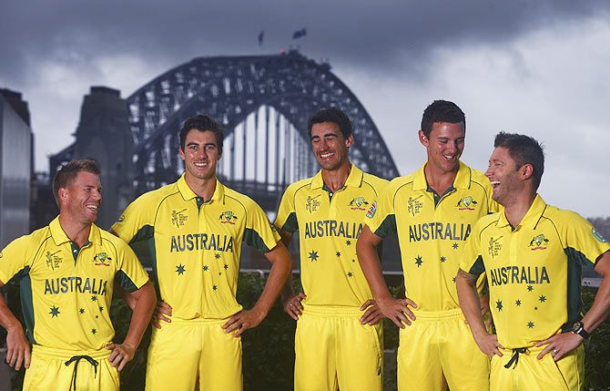 David Warner, Pat Cummins, Mitchell Starc, Josh Hazlewood, Michael Clarke of Australia share a joke during the Australian 2015 Cricket World Cup squad announcement at Museum of Contemporary Art