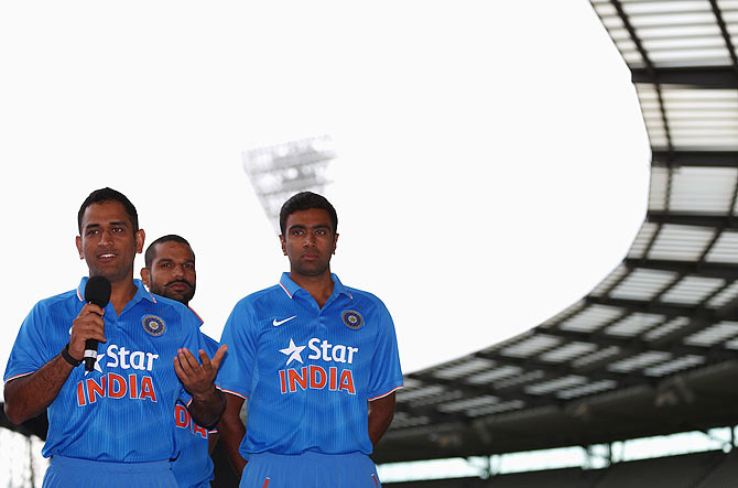 MS Dhoni of India speaks to the media during the unveiling of the Indian team One Day International kit at Melbourne Cricket Ground on Thursday