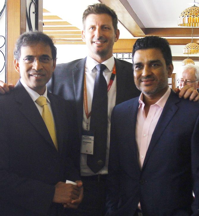 Harsha Bhogle, left, with fellow commentators Michael Kasprowicz and Sanjay Manjrekar