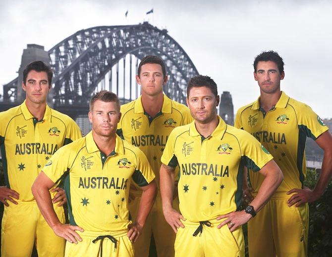 (From left) Pat Cummins, David Warner, Josh Hazlewood, Michael Clarke and Mitchell Starc of Australia pose