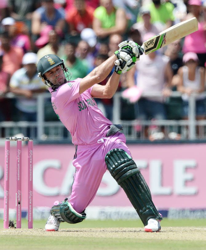 AB de Villiers hits a six during his record-breaking knock against the West Indies on Sunday