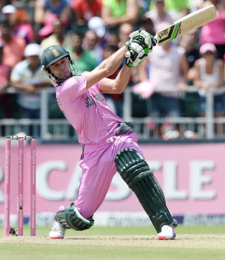 AB de Villiers of South Africa hits a six during the 2nd Momentum ODI between South Africa and West Indies at Bidvest Wanderers Stadium on Sunday
