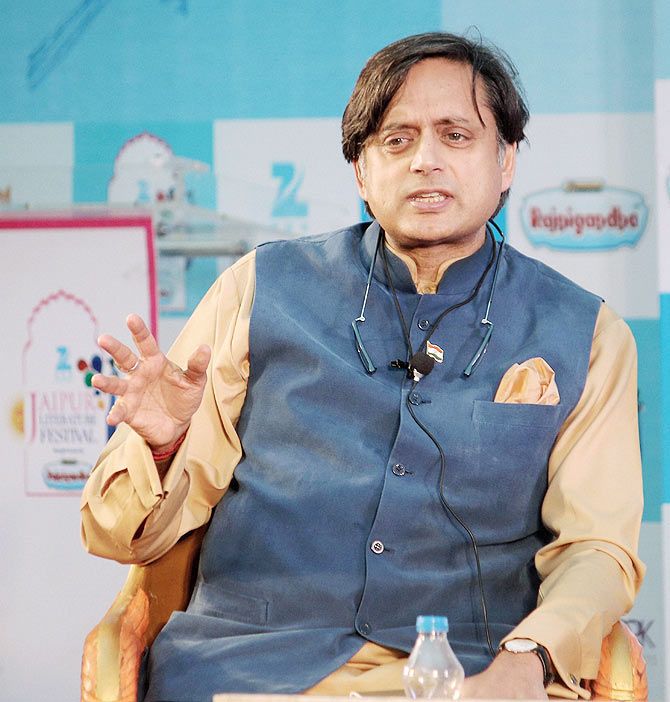 Congress MP Shashi Tharoor speaks at a session during the Jaipur Literature Festival 2015