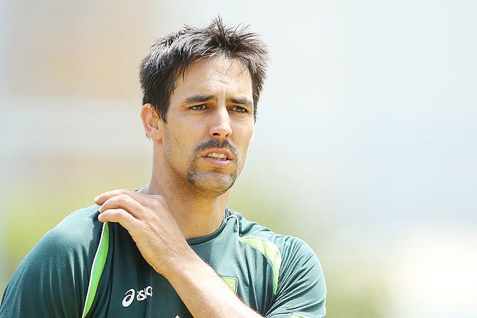 Mitchell Johnson looks on during an Australian nets Session at The Gabba
