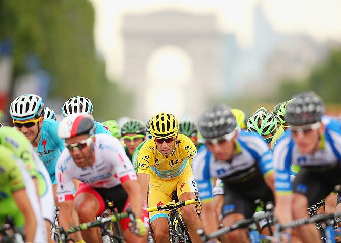 Italy and Astana Pro Team's Vincenzo Nibali in action during the twenty first stage of the 2014 Tour de France, a 138km stage from Evry into the Champs-Elysees