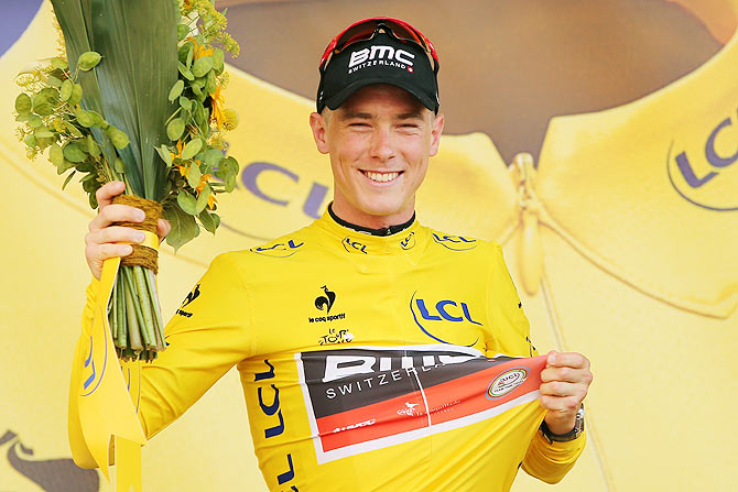 Rohan Dennis of Australia and BMC Racing Team wears the yellow jersey following his victory during stage one of the 2015 Tour de France in Utrecht, Netherlands, on Saturday