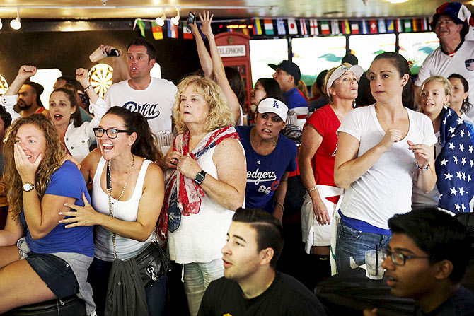US fans react as they watch the Women's World Cup final at the Underground Pub and Grill in Hermosa Beach, California