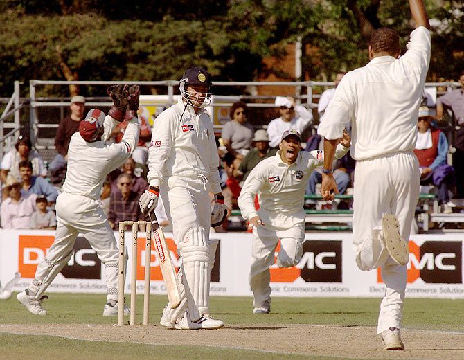 India's Hrishikesh Kanitkar stands dejected after he is caught behind by West Indies wicket-keeper Ridley Jacobs off the bowling of Corey Collymore in a One-Day International on September 12, 1999.
