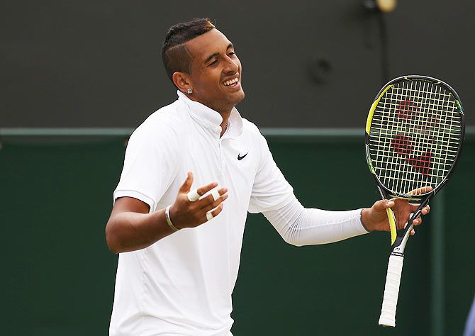Australia's Nick Kyrgios reacts in his fourth round match against France's Richard Gasquet on Monday