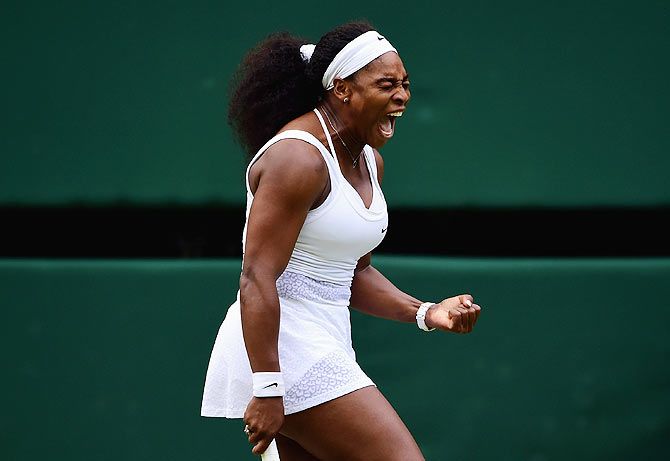 Serena Williams celebrates winning a point in her quarter-final match against Victoria Azarenka