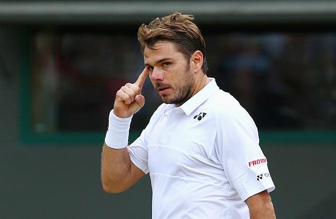 Stanislas Wawrinka reacts during his quarter-final against Richard Gasquet