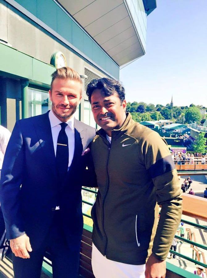David Beckham and Leander Paes at the All England Lawn Tennis and Croquet Club in Wimbledon on Friday