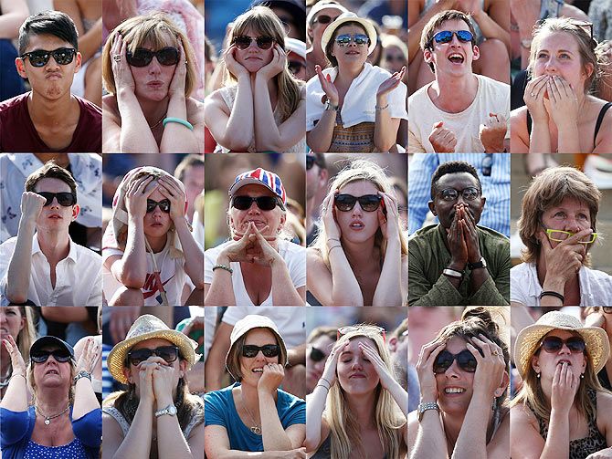 A composite image shows fans reactions on Murray Mound as they watch a large screen television showing Andy Murray lose to Roger Federer on Friday