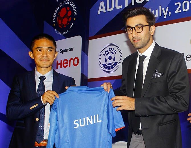 Sunil Chhetri (left) with actor and Mumbai City FC owner Ranbir Kapoor at the Indian Super League Player Auction in Mumbai on Friday
